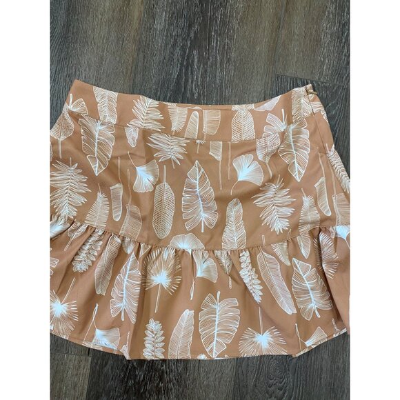 OTG Ruffled Tan and White Leaf Mini Skirt Women’s Size L Side Zip. - Picture 2 of 5